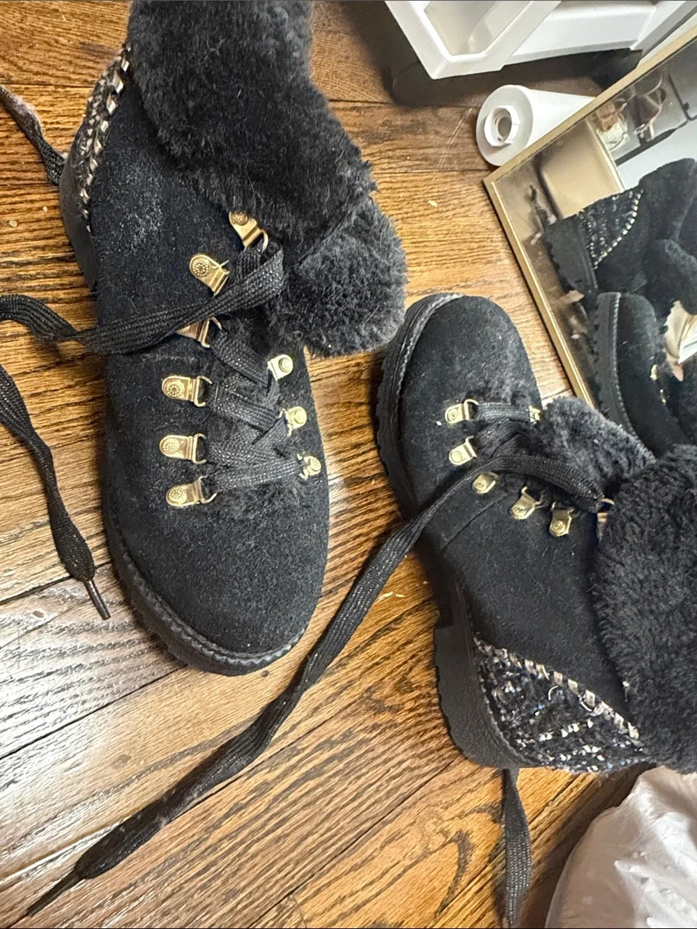 Jack Rogers Black Faux Fur Lace-Up Winter Boots with Gold Hardware